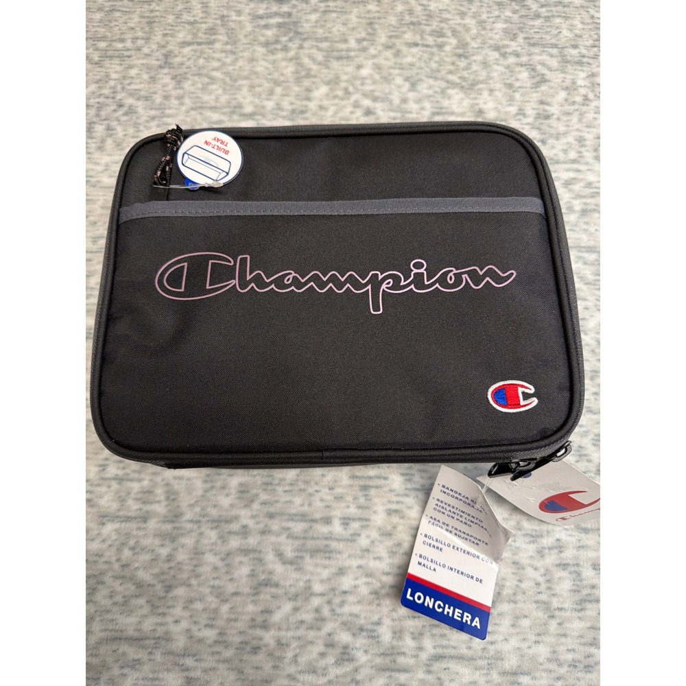 Champion Lunch Box Insulated Hard Shell Tray Zip Pocket Carry‎ Handle Black